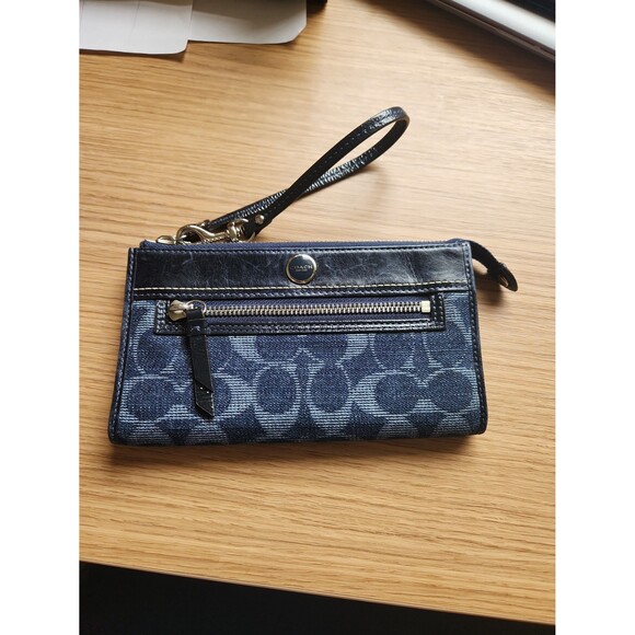 Coach Y2K Blue Denim Zippy Clutch Wallet w/ Legacy Stripes on Interior - Picture 1 of 6